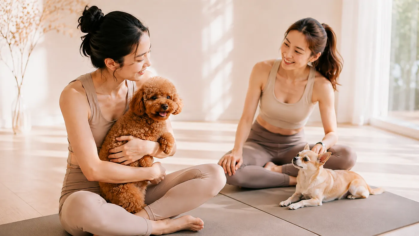 レッスン後に談笑する参加者と犬たち