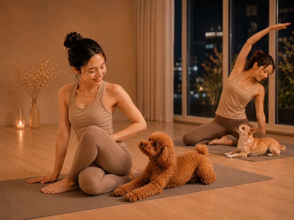 夜景を背にヨガをする女性たちと犬