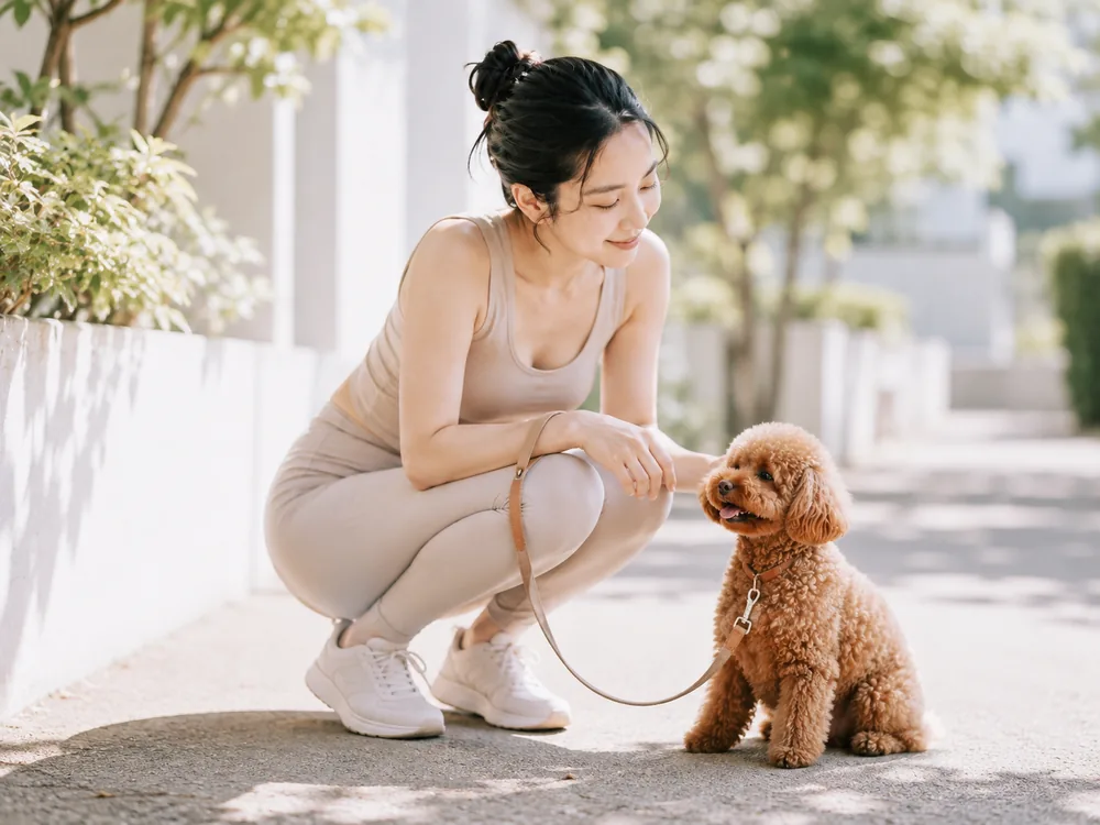 散歩中にしゃがんで愛犬と向き合う女性
